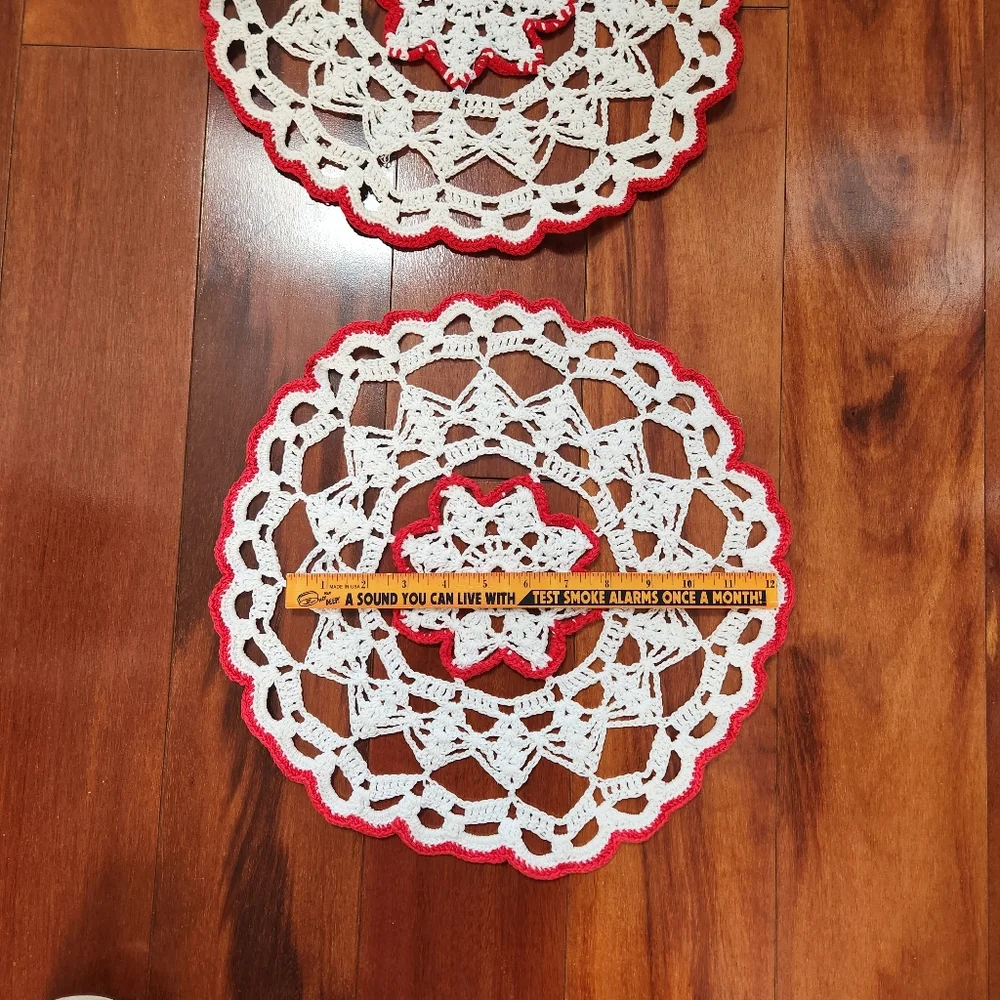 Vintage pair of White and Red Snowflake Flower Doilies